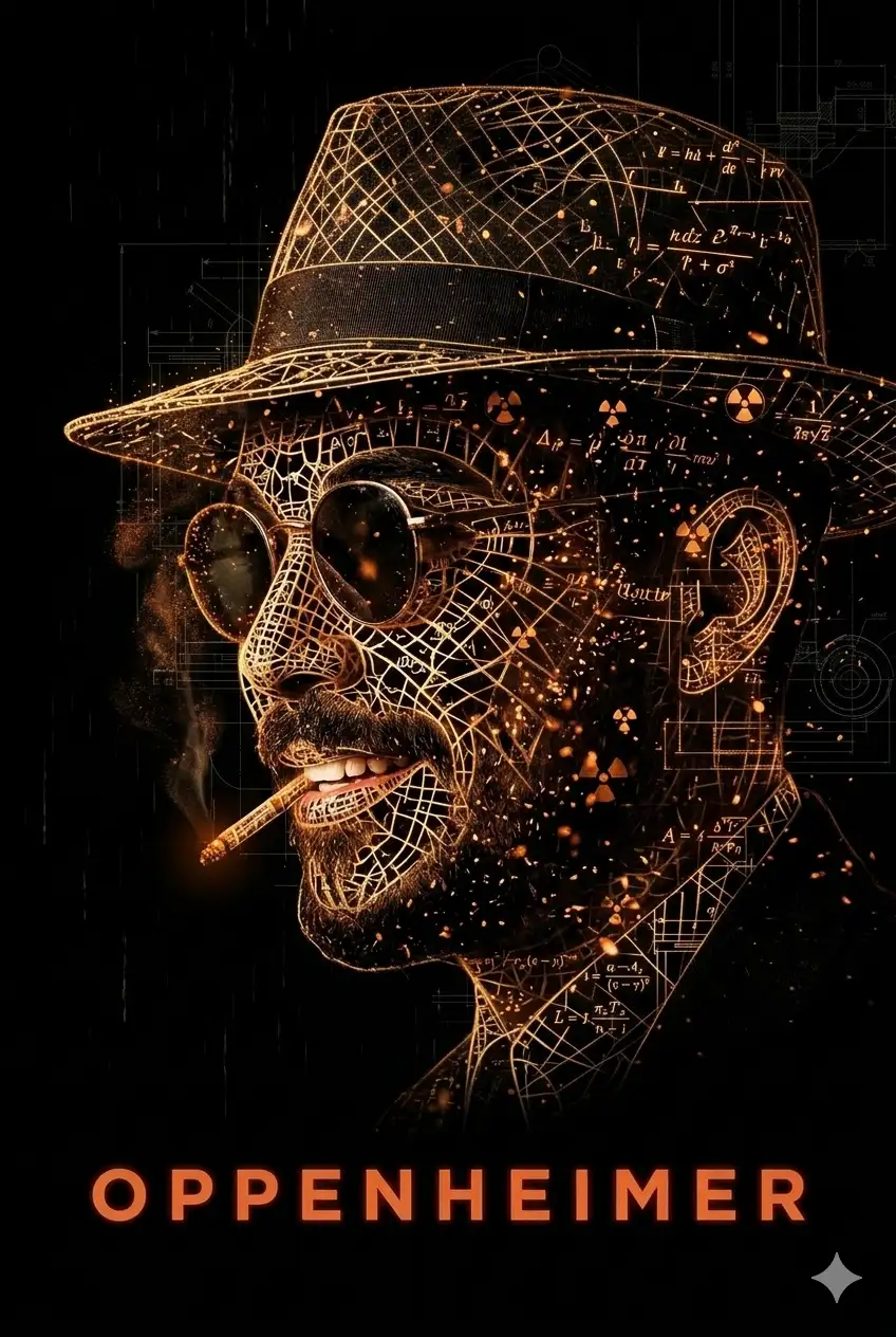 Oppenheimer — minimalist movie poster, constructed from symbols/particles) A minimalist movie poster for Oppenheimer.