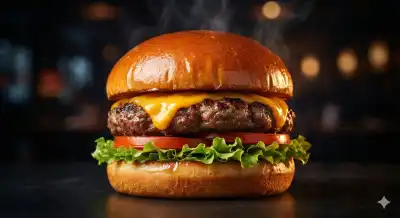 commercial photograph of a gourmet beef burger with glossy brioche bun