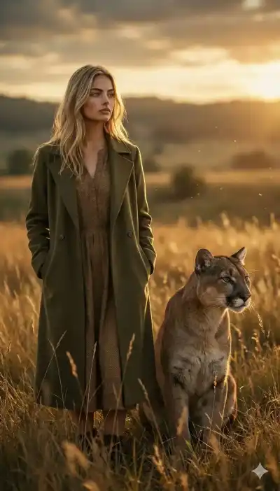  fearless blonde woman standing in a vast golden-brown grassland at golden hour