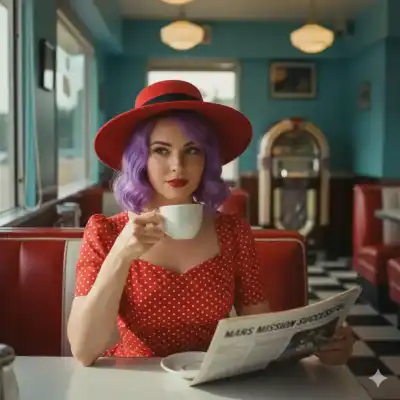 portrait of a woman sitting inside a retro 1950s-style diner during morning hours