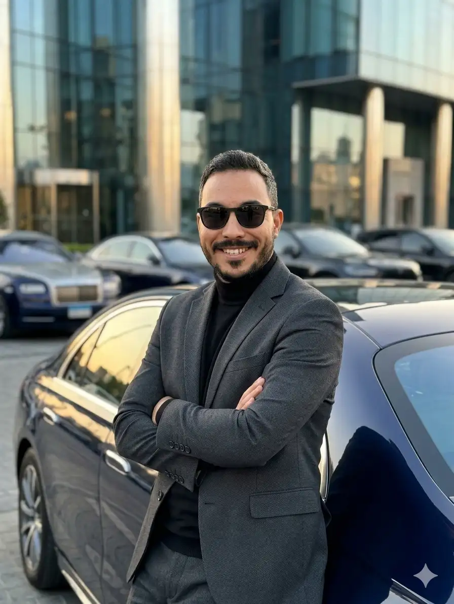 confident man with the same facial structure, short textured dark hair, and light stubble beard stands leaning against a dark green luxury supercar