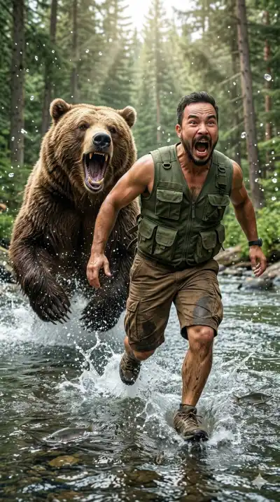 cinematic action scene of a young man running fearfully through a shallow jungle river as a massive