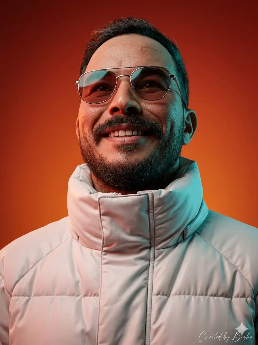 ultra-photorealistic cinematic portrait of a man viewed from a slightly low angle looking upward with a confident, powerful expression