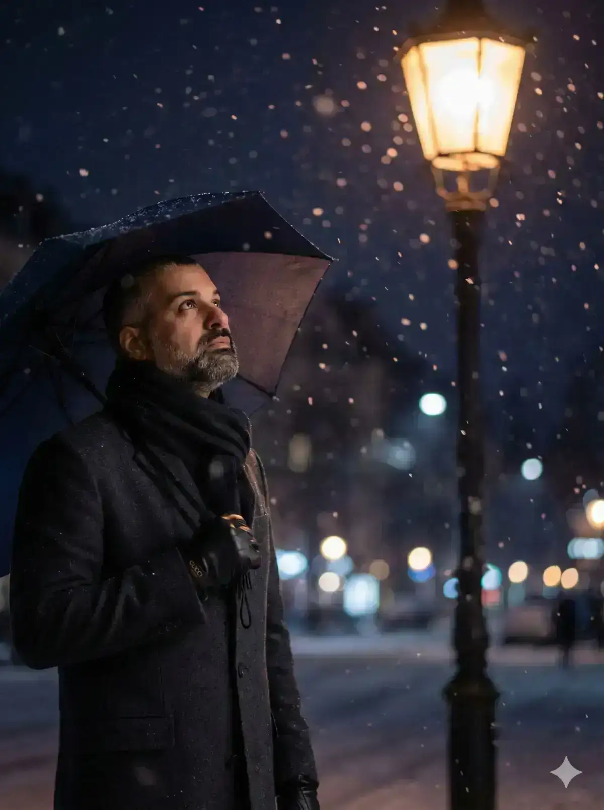 The charcoal Dior Homme coat catches the warm glow of light as snow spirals through the dark