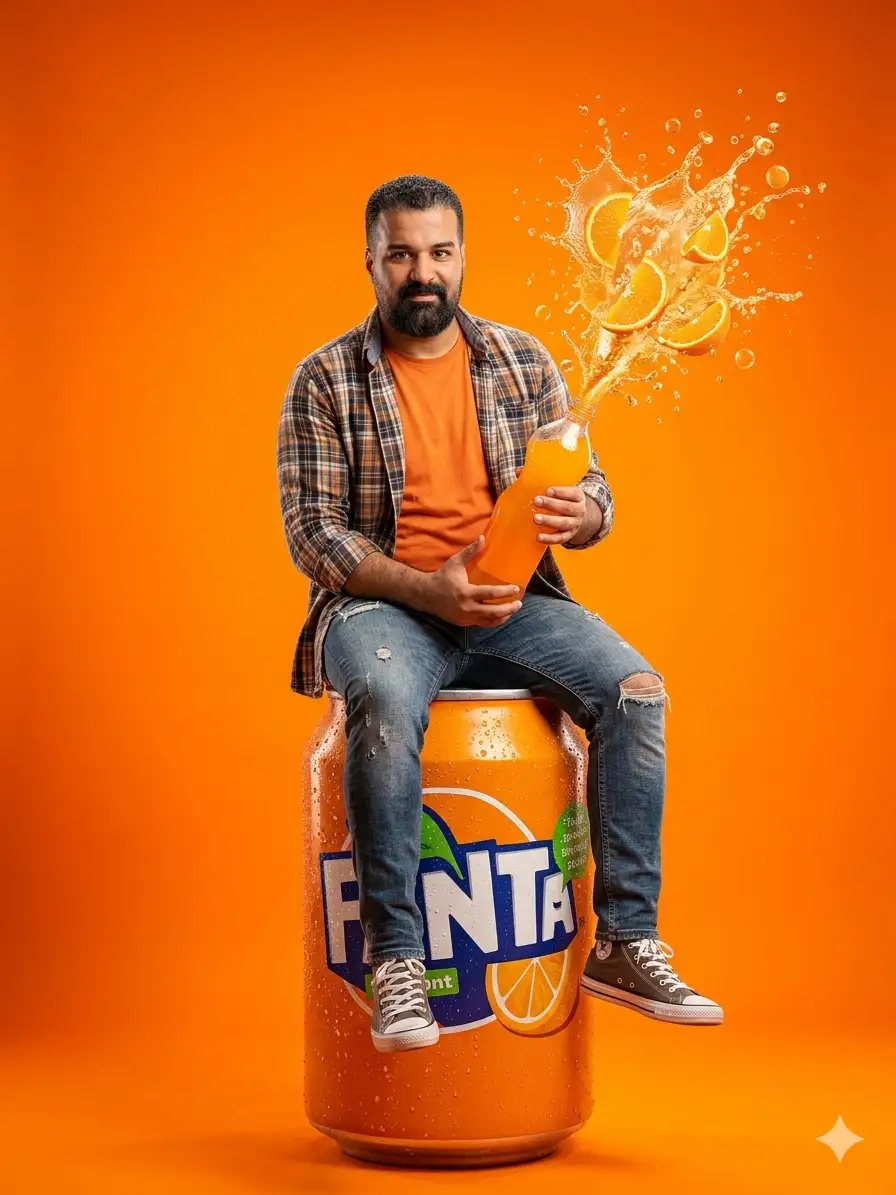 advertising photography of attached photo with well-groomed beard and short hair, sitting relaxed on a giant can of orange-flavored soft drink (Fanta type).