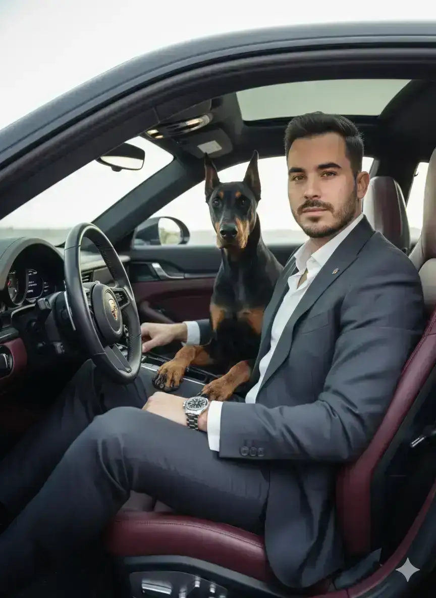 Young man with fair to light-olive skin, strong masculine presence and confident demeanor