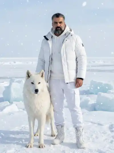 The Guardian of the Frozen Frontier: An Arctic Wanderer and His Giant White Wolf Companion Standing Resolute Amidst the Shattered Ice