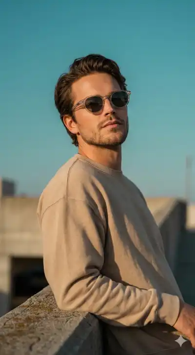 Cinematic low-angle portrait of a young man with light stubble and styled brown hair