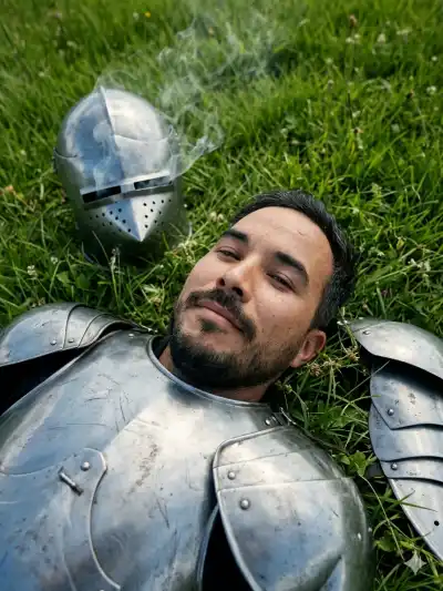 close aerial shot (lower altitude drone), medieval knight lying on his back in a vast green meadow