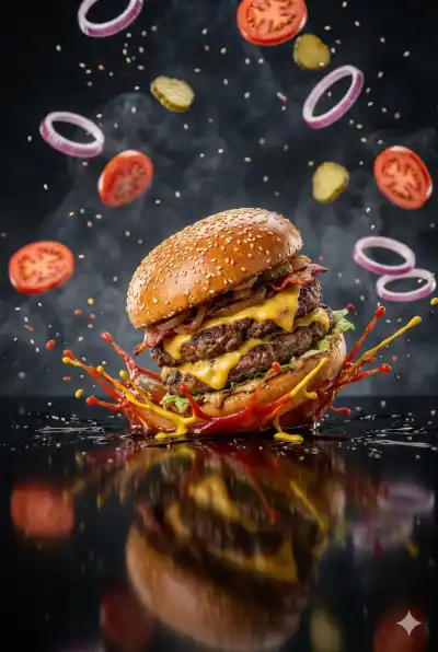 Gourmet double cheeseburger with melting cheddar, sesame seed brioche bun, and grilled beef patty