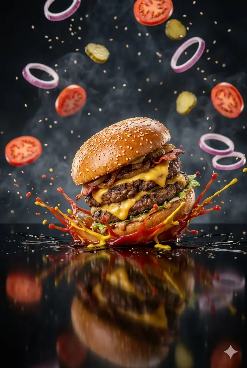 Gourmet double cheeseburger with melting cheddar, sesame seed brioche bun, and grilled beef patty