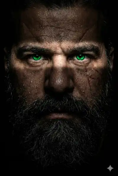 close-up portrait of a rugged, weathered older man with a massive, dark, grizzled beard and deeply furrowed brow