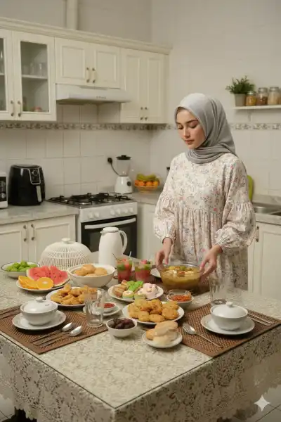 young beautiful woman with flawless glass skin and natural Douyin makeup is wearing a loose floral home dress