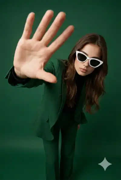 High-fashion studio portrait of a stylish woman wearing a dark green tailored suit with a black turtleneck and white cat-eye 