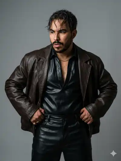 fashion editorial photo, medium-full portrait from mid-thigh up, eye-level with slight telephoto compression, subject centered with generous negative space, a man with wet-look tousled hair
