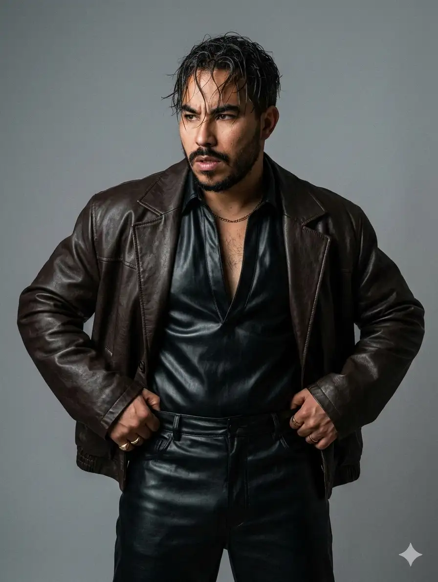 fashion editorial photo, medium-full portrait from mid-thigh up, eye-level with slight telephoto compression, subject centered with generous negative space, a man with wet-look tousled hair