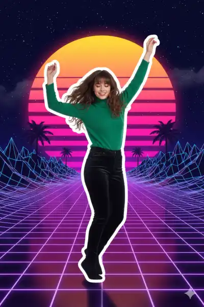 She is now in a dynamic, energetic pose with her arms outstretched,