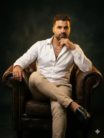 cinematic portrait of a handsome young man with short, styled brown hair, sitting confidently in a vintage dark brown leather
