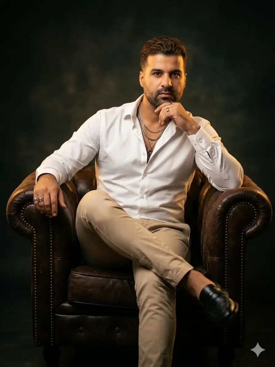 cinematic portrait of a handsome young man with short, styled brown hair, sitting confidently in a vintage dark brown leather