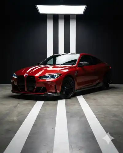 cinematic studio photograph of a red BMW M4 (G82) performance coupe, front-left 3/4 angle view