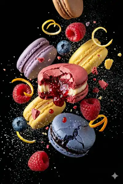 floating macarons with cracked shells revealing rich jam/cream filling, fresh raspberries, blueberries