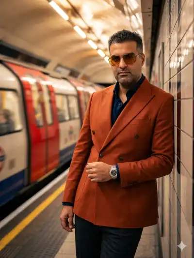 fashion portrait of a stylish man leaning against a tiled subway wall as a train rushes past in motion blur.