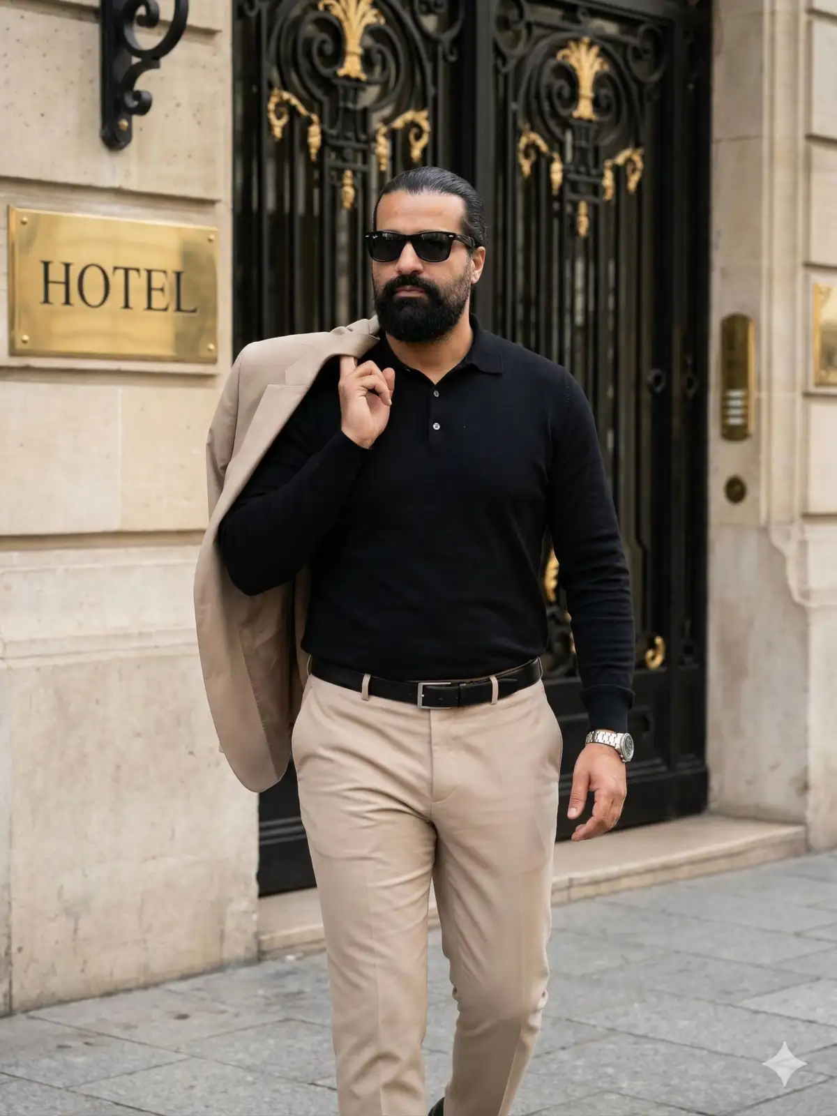 Male model mid-stride wearing a black polo and beige trousers
