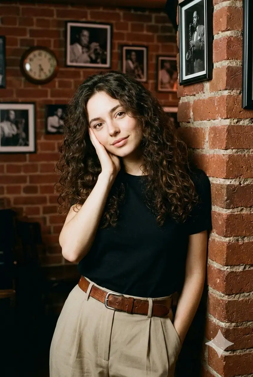 young woman with long, voluminous dark curly hair leaning against a rustic red brick pillar.