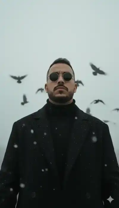 dark sunglasses, wearing a heavy black wool overcoat and turtleneck