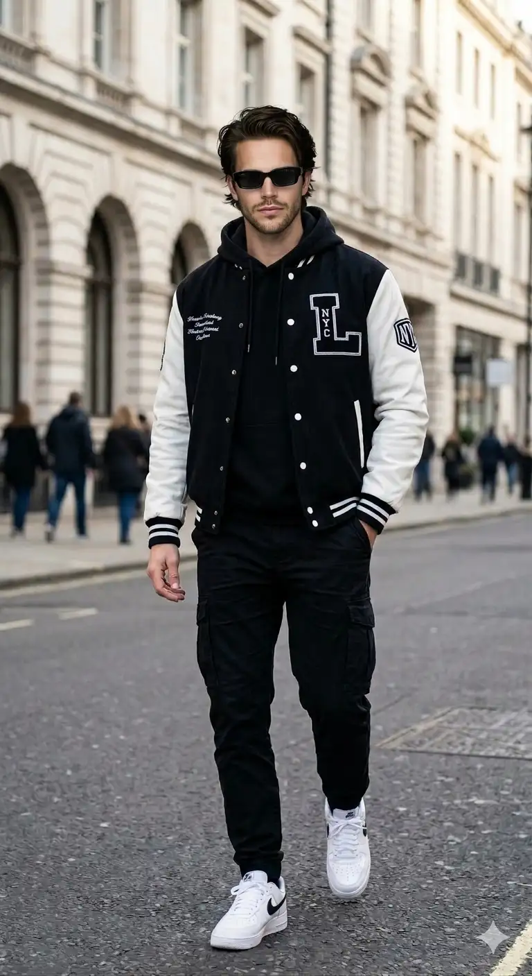 cinematic street fashion photo of a stylish young man walking confidently on a quiet city street. 