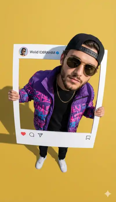 strong fisheye lens distortion applied only to the subject, making his head appear enlarged while his lower body appears proportionally smaller. He is holding a physical, 3D white Instagram post