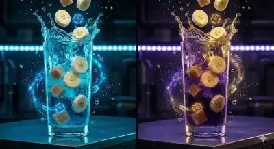 two tall glasses side-by-side against a dark, moody background. On the left, a glass filled with glowing neon blue liquid that splashes upward with high-speed water
