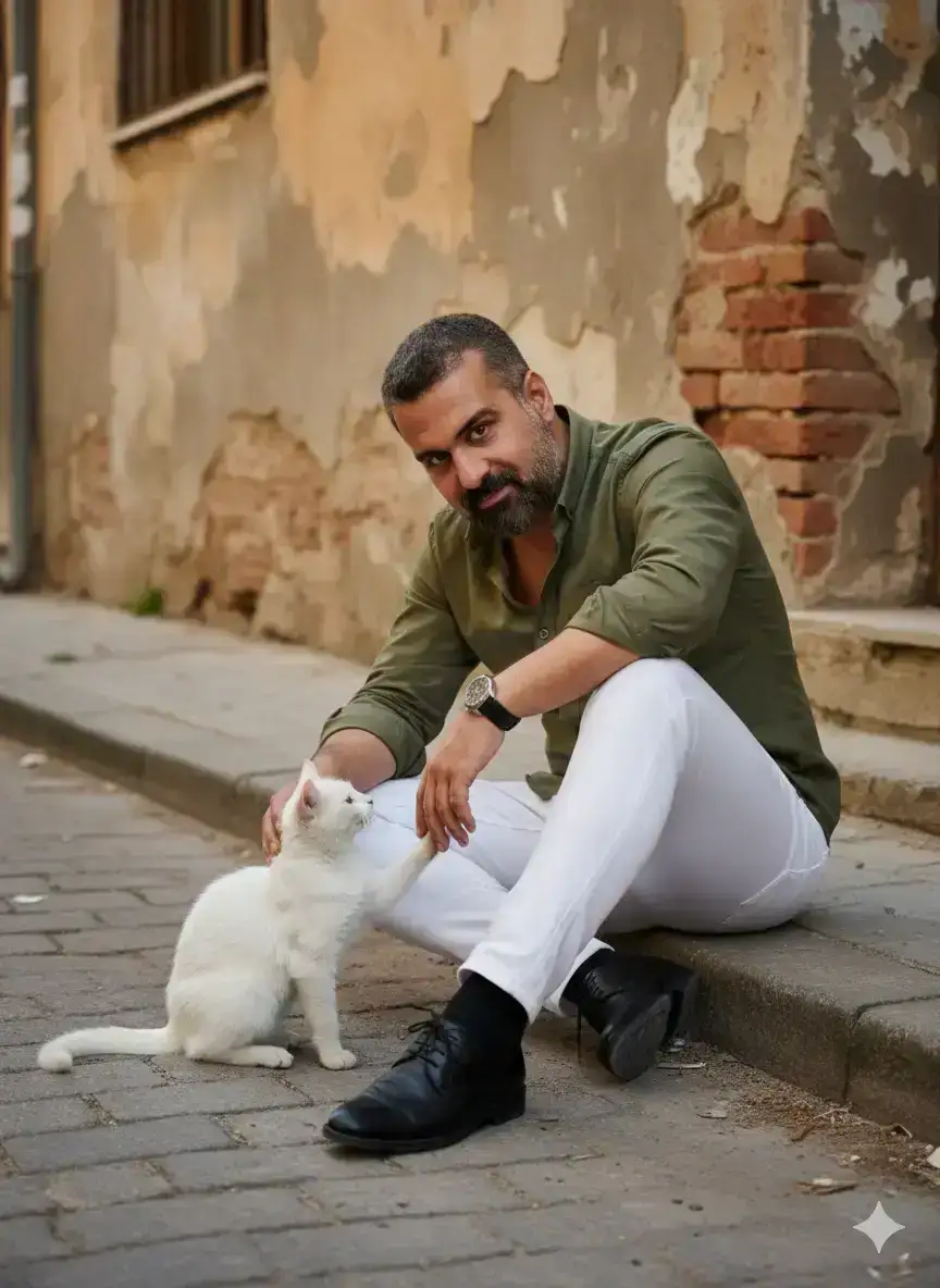 sitting comfortably on his feet on a street, leaning slightly toward a cute white cat sitting beside him. 