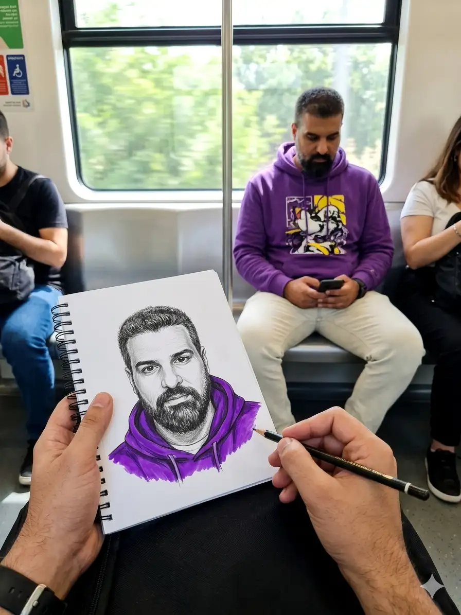 first-person POV inside a bright subway, hand holding spiral sketchbook and pencil, sketch shows black-and-white portrait 