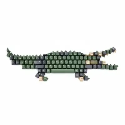 A mix of forest green, deep charcoal, and sandy beige PBT keycaps