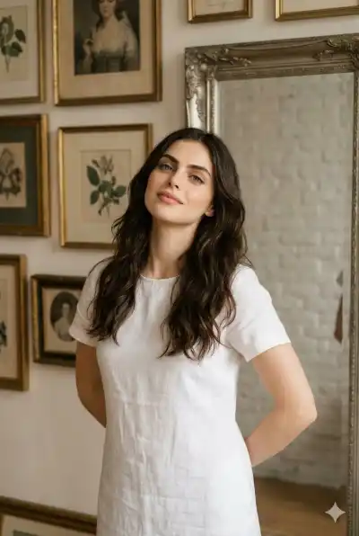 young woman with long wavy dark brown hair wearing a simple white short-sleeve dress,