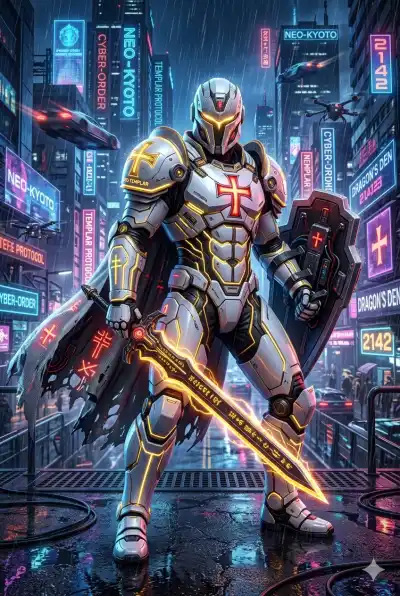 Knight Templar reimagined as a Cyber Legend, merging ancient warrior aesthetics with futuristic technology