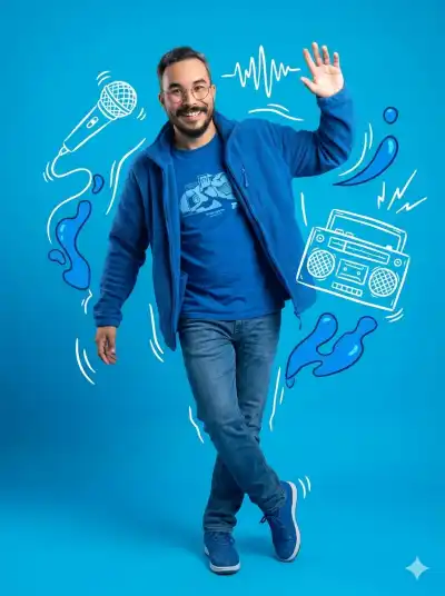 studio portrait of a young man in a dynamic, confident pose against a solid bright blue background. The image blends realistic photography with white hand-drawn vector