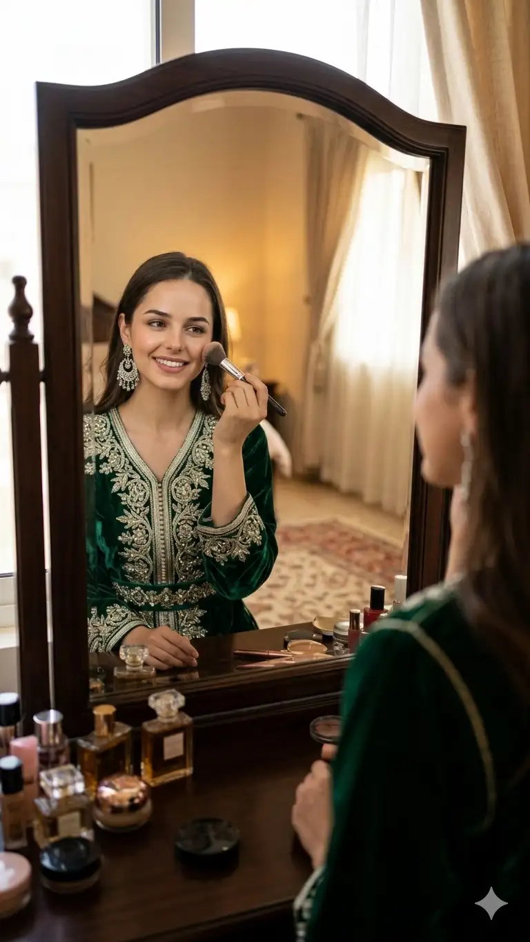 cinematic medium shot of a moroccan woman getting ready in front of a classic dark wood vanity mirror