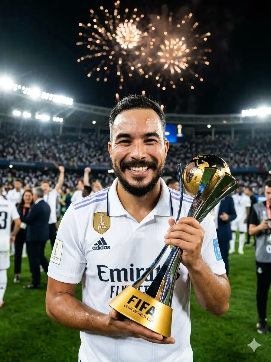 Portrait of a handsome athletic soccer player from Real Madrid, mid-20s, short dark hair, trimmed beard and mustache, warm smile
