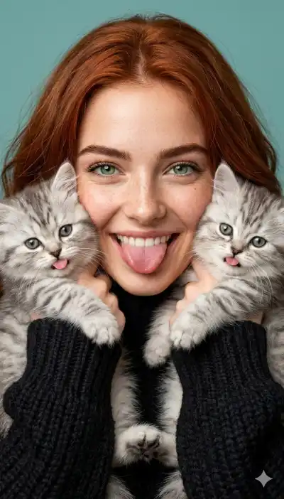 close-up lifestyle photograph of a cheerful woman with vibrant red hair and freckles, sharing a playful moment with two fluffy kittens.