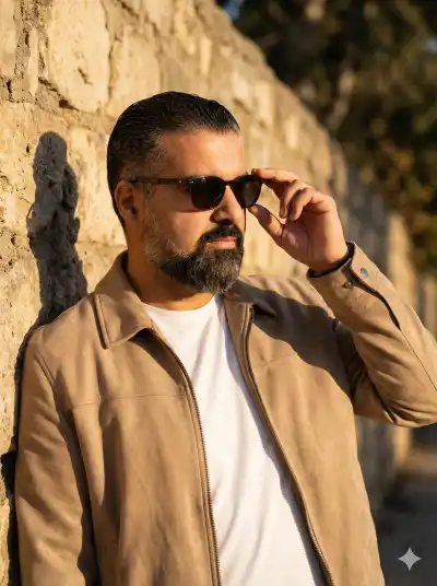 cinematic golden hour portrait of a stylish man leaning against a textured stone wall