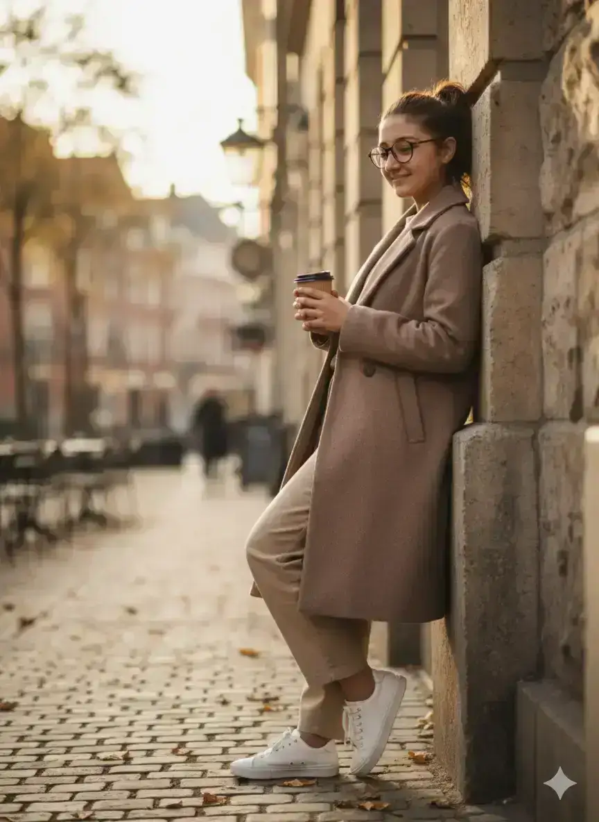 young woman in a taupe wool coat and beige trousers