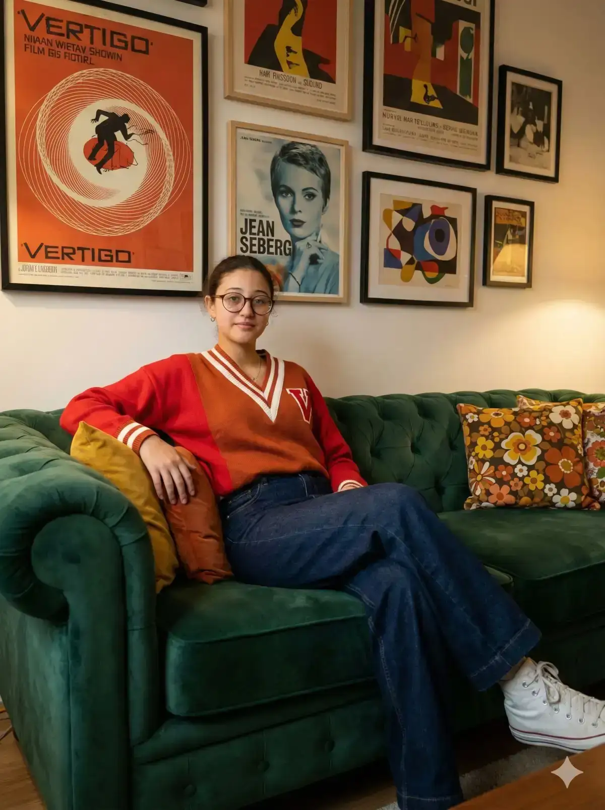 realistic indoor lifestyle portrait set in a mid-century modern, retro-inspired living room