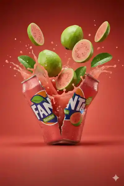 Ultra-realistic high-end product photography of a red aluminum soda can branded “Fanta Goiaba,” positioned upright at center frame