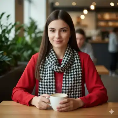 portrait of a young woman sitting at a table in a modern, brightly lit cafe or indoor