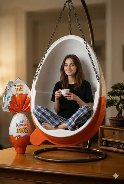 woman sitting cross-legged inside a colossal, highly detailed Kinder Joy egg that functions as a swing chair