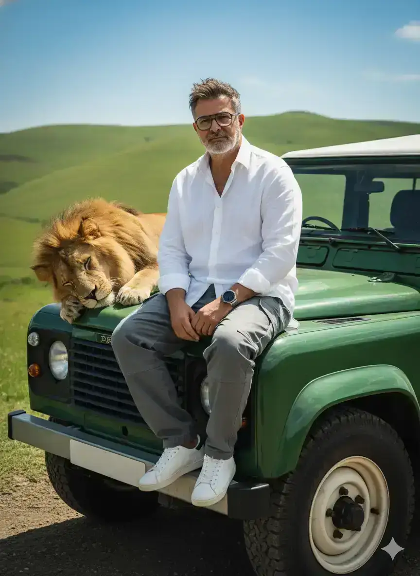Man, Lion, Land Rover Portrait