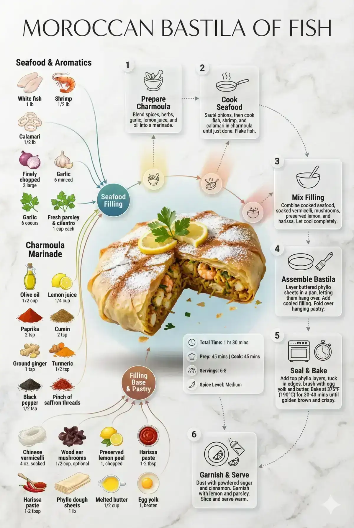 modern recipe infographic. Showcase MORROCAN BASTILA OF FISH in a visually appealing finished form sliced, plated