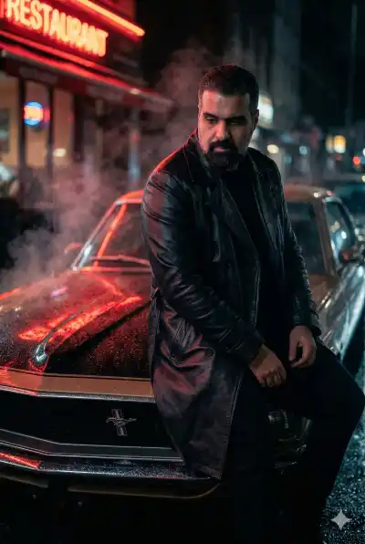 night fashion editorial portrait of an adult man is sitting on the hood of a vintage 1969 ford Mustang